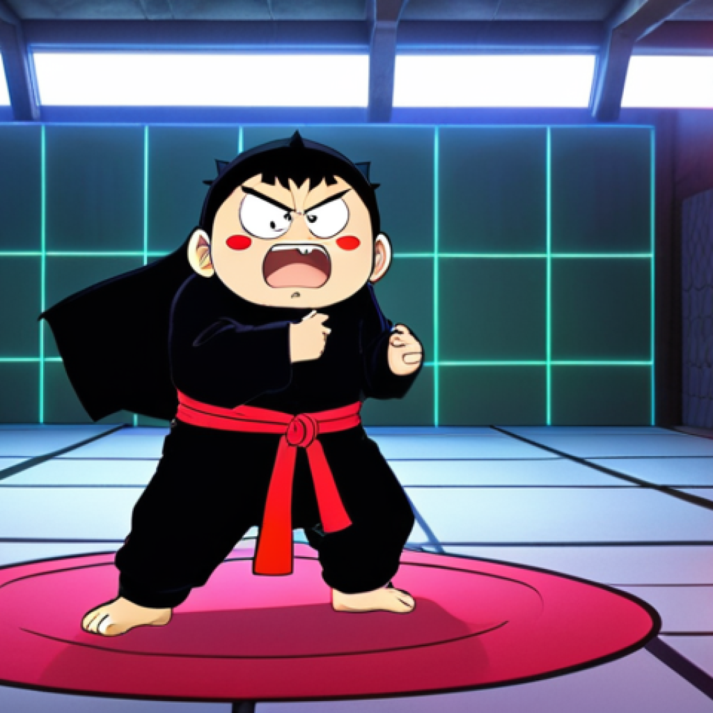 **Prompt:** Shin-chan in full ninja garb, but with his pants pulled down slightly, revealing his butt. He's performing a ridiculous "butt-wiggling" technique to evade a sophisticated laser grid trap in a high-tech ninja training facility. The scene is brightly lit with vibrant colors, showcasing the clash between Shin-chan's silliness and the serious ninja setting.