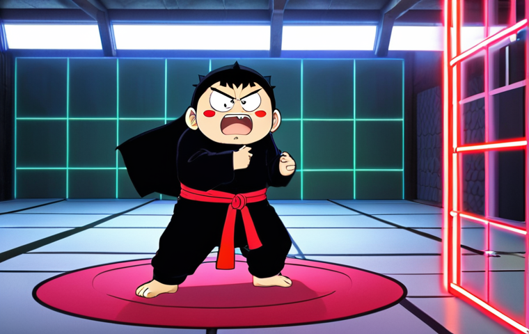 **Prompt:** Shin-chan in full ninja garb, but with his pants pulled down slightly, revealing his butt. He's performing a ridiculous "butt-wiggling" technique to evade a sophisticated laser grid trap in a high-tech ninja training facility. The scene is brightly lit with vibrant colors, showcasing the clash between Shin-chan's silliness and the serious ninja setting.