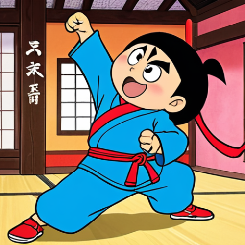Home 14 **
Prompt: Crayon Shin-chan, dressed in a comical ninja outfit, attempting a ninja move with a giant ninja star, with his signature goofy grin. Background: A traditional Japanese dojo, but with crayon drawings and graffiti. Style: Vibrant anime, similar to the movie's animation style. Mood: Humorous and energetic.
**