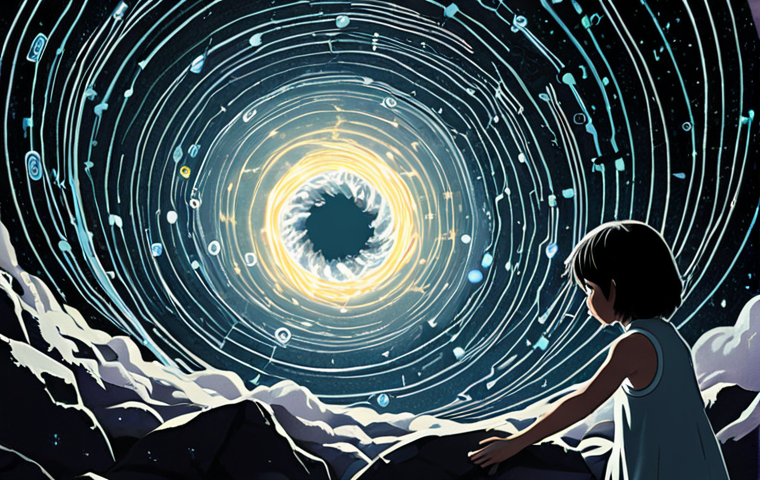 **Prompt:** A figure, appearing stressed and overwhelmed, is surrounded by a chaotic, glowing maelstrom of digital data, charts, screens, and endless numbers, symbolizing information overload and analysis paralysis. Their gaze is lost amidst the digital noise. In the foreground, or subtly integrated, a soft, ethereal image of a child (like Himawari) joyfully reaching for a single, simple, natural object (e.g., a flower, a bright stone) amidst a serene, undigitalized space, representing pure, unburdened intuition being overshadowed. The contrast should be stark between the chaotic digital realm and the quiet intuitive one. Visual style: conceptual digital painting with high contrast and a slightly melancholic mood.
