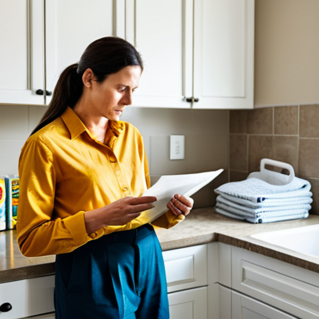 A resilient stay-at-home parent, a woman in her late 30s, dressed in modest, comfortable home attire including a casual blouse and neat trousers, stands in a brightly lit, organized kitchen. She is meticulously reviewing a grocery list, with a slightly weary but determined expression that speaks of constant budgeting and planning. The kitchen countertop features a few neat piles of freshly washed laundry ready for folding. The scene captures the essence of diligent household management and unseen labor, presented in a realistic and empathetic manner. Perfect anatomy, correct proportions, natural pose, well-formed hands, proper finger count, natural body proportions. Professional photography, high detail, safe for work, appropriate content, fully clothed, modest clothing.