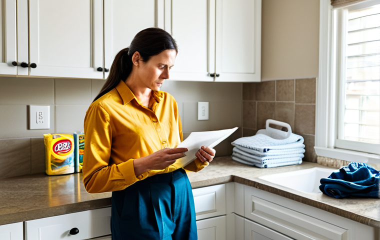 A resilient stay-at-home parent, a woman in her late 30s, dressed in modest, comfortable home attire including a casual blouse and neat trousers, stands in a brightly lit, organized kitchen. She is meticulously reviewing a grocery list, with a slightly weary but determined expression that speaks of constant budgeting and planning. The kitchen countertop features a few neat piles of freshly washed laundry ready for folding. The scene captures the essence of diligent household management and unseen labor, presented in a realistic and empathetic manner. Perfect anatomy, correct proportions, natural pose, well-formed hands, proper finger count, natural body proportions. Professional photography, high detail, safe for work, appropriate content, fully clothed, modest clothing.