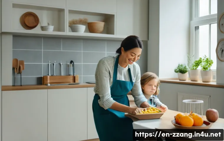 짱구에 나오는 가족 사랑의 메시지 - A cozy family living room scene featuring a cheerful mother preparing a favorite snack for her young...