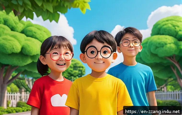 짱구와 친구들 소개 - A lively and colorful scene featuring Shin Chan, a mischievous young boy with a round face and thick...