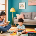 Home 23 짱구의 10대와 성인 팬층 분석 - A lively family living room scene featuring Shin-chan as a playful, cheeky young boy wearing colorfu...
